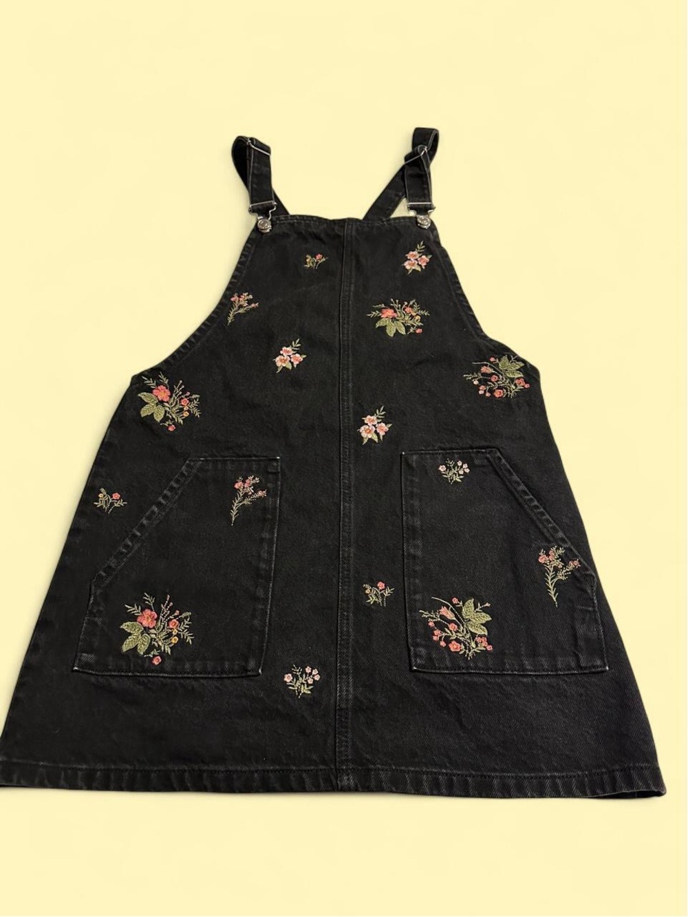 TopShop Black Floral Pinafore Overall Denim Dress